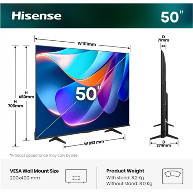 Hisense TV | 50A6S | 50 | Smart TV | VIDAA Smart OS | UHD | Black
