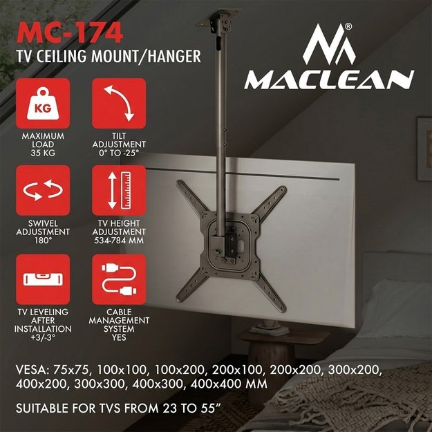 Maclean Ceiling Mount for TV, max. load 35 kg, 23&ndash;55 , max. VESA 400x400, MC-174
