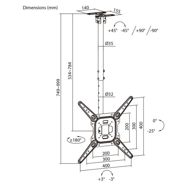 Maclean Ceiling Mount for TV, max. load 35 kg, 23&ndash;55 , max. VESA 400x400, MC-174