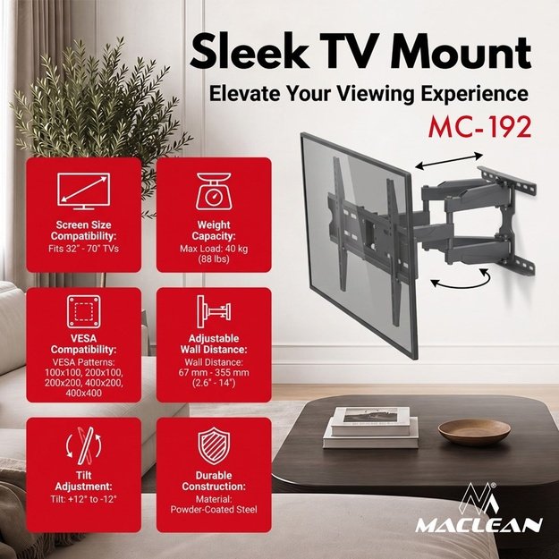 Maclean TV Mount / Bracket, max VESA 400x400, 32-70 , up to 40 kg, black, tilt adjustment +12&deg;&ndash;-12&deg; and swivel adjustment