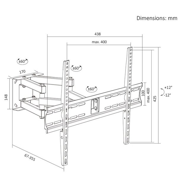 Maclean TV Mount / Bracket, max VESA 400x400, 32-70 , up to 40 kg, black, tilt adjustment +12&deg;&ndash;-12&deg; and swivel adjustment