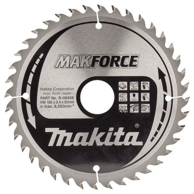 Pjovimo diskas medienai MAKITA Makforce 165x30x2,4mm 40T 20&deg;