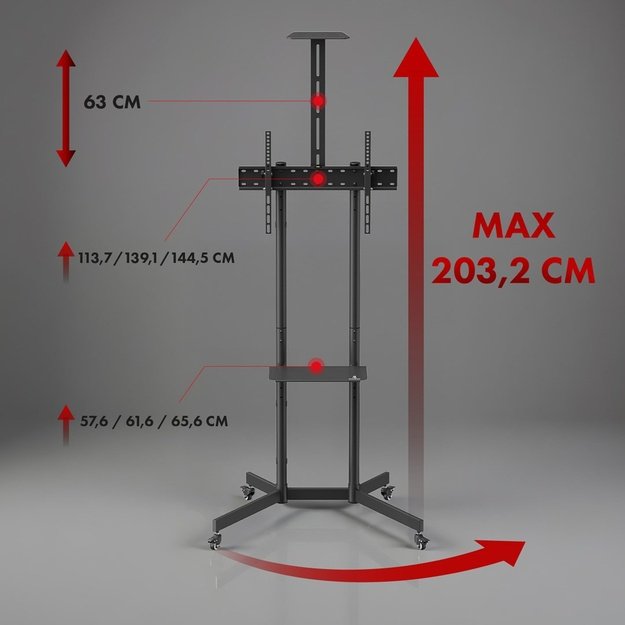 Maclean TV stand / cart, camera shelf, on wheels, 37-70 , max load 45kg/5kg shelf, max. VESA 600x400, MC-113 B