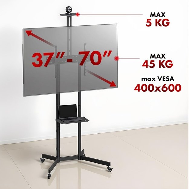 Maclean TV stand / cart, camera shelf, on wheels, 37-70 , max load 45kg/5kg shelf, max. VESA 600x400, MC-113 B