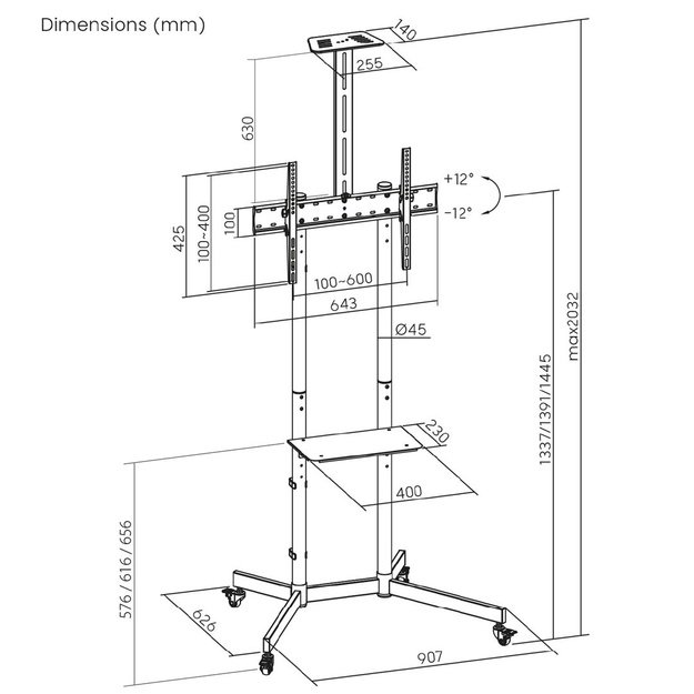 Maclean TV stand / cart, camera shelf, on wheels, 37-70 , max load 45kg/5kg shelf, max. VESA 600x400, MC-113 B