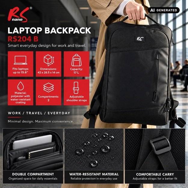 NanoRS Laptop Backpack, 15.6 , Black, 42x28.5x14, Waterproof RS204 B