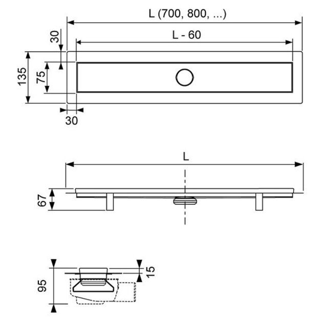 Du&scaron;o latako komplektas 2 in1 su dvipusėmis grotelėmis steel/plate 800mm Tece Linus 15103080 1