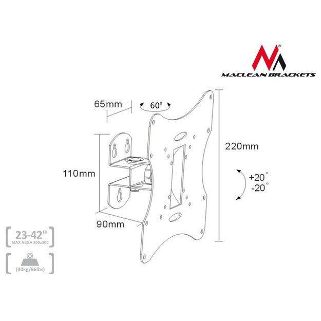Mount wall for TV Maclean MC-501B (Rotary, Tilting, Wall - 42 , max. 30kg) 2
