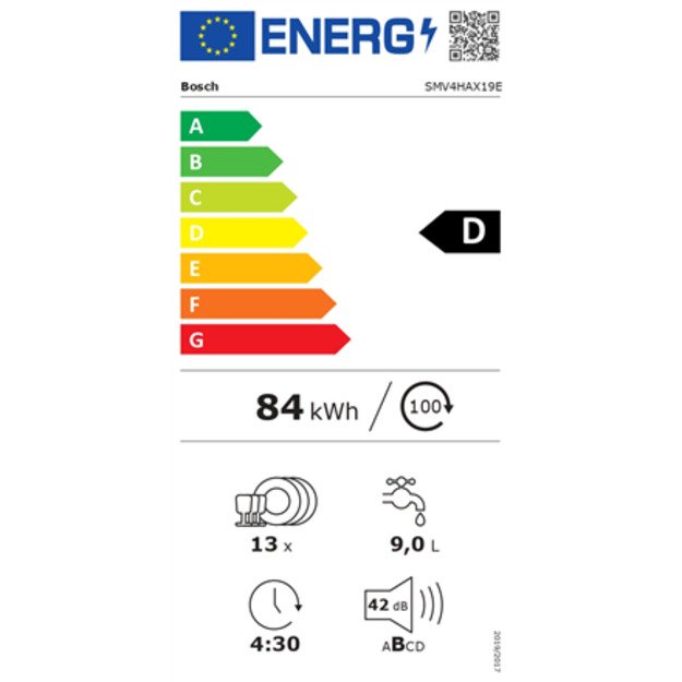 Bosch | Dishwasher | SMV4HAX19E | Built-in | Width 60 cm | Number of place settings 13 | Number of programs 6 | Energy efficienc