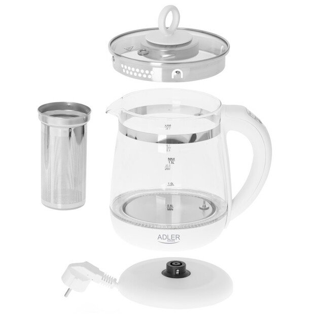 Adler | Kettle | AD 1299 | Electric | 2200 W | 1.5 L | Glass/Stainless steel | 360° rotational base | White