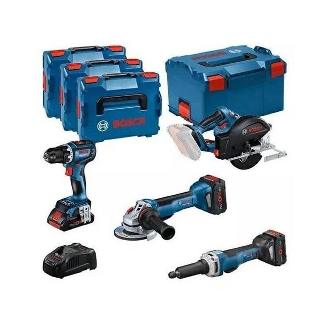 BOSCH. COMBO KIT 18V (GSR 18V-90C +GWS 18V-15 PSC +GKM 18V-50 +GGS 18V-23 PLC) 1xPC4,0Ah 2xPC5,5Ah ...