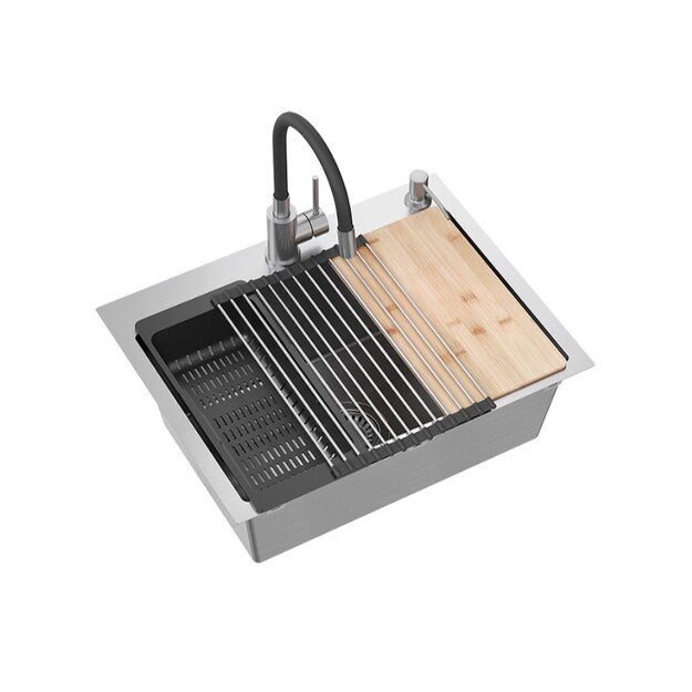 Virtuvės plautuvė su sifonu, 1 dubuo b/o + Qmat + įdėklas + dozatorius + medinė lenta + mai&scaron;ytuvas s