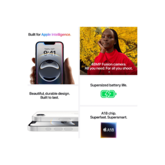 Apple | iPhone 16e | White | 6.1   | Super Retina XDR | 2532 x 1170 pixels | A18 | Internal RAM 8 GB | 128 GB | Dual SIM | Main
