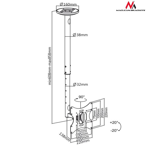 Mount ceiling for TV Maclean MC-504B (Ceiling, Rotary, Tilting, 23  - 42 , max. 30kg)