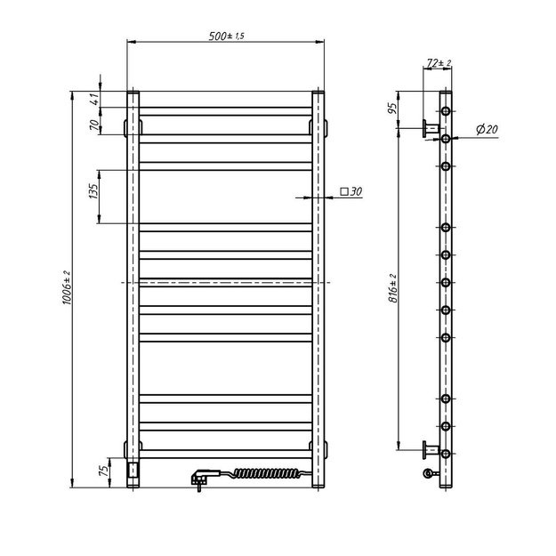 Rank&scaron;luosčių džiovintuvas Navin Classic Quadro 500x1000 Sensor juodas de&scaron;inė 12-216053-5010