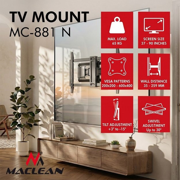Maclean TV Mount / Bracket, max. VESA 600x400, 37-90 , max. load 65 kg, black, MC-881 N
