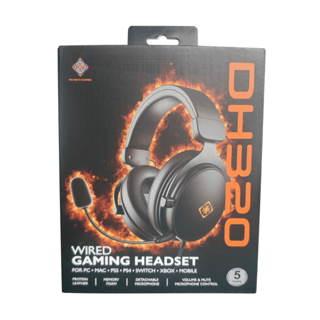 DH320 laidinės žaidimų ausinės DELTACO GAMING, i&scaron; odos, 3.5mm jungtis, garsumo ir nutildymo mikrofono valdikliai / GAM-190 