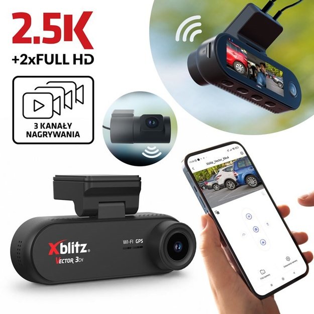 XBLITZ VECTOR 3CH 3-CHANNEL DVR WITH REARVIEW CAMERA, Wi-Fi, AND GPS