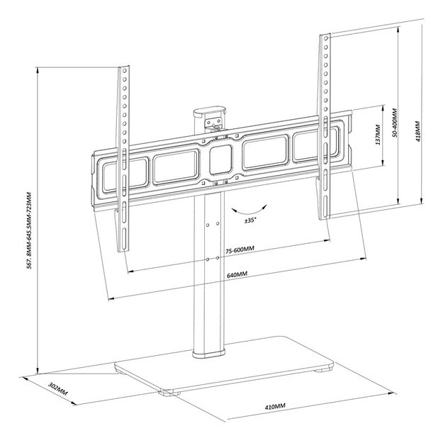 Maclean MC-386 Universal TV Stand Base for Cabinet Dresser Table Desk 32  - 75  40kg VESA 35&deg; Rotating Temepred Glass