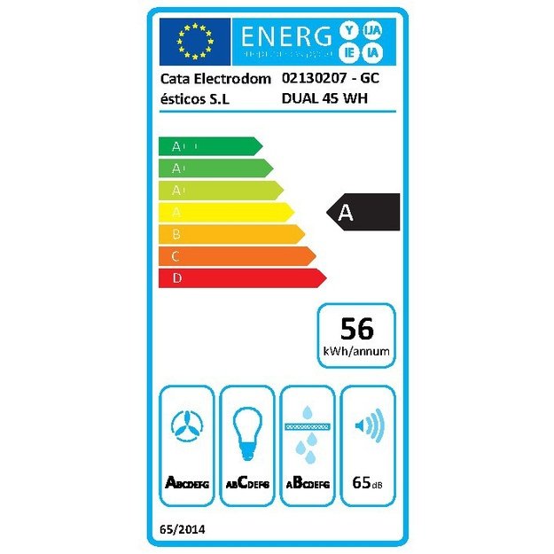 CATA Hood GC DUAL A 45 XGWH Canopy, Energy efficiency class A, Width 45 cm, 820 m3/h, Touch control, LED, White glass