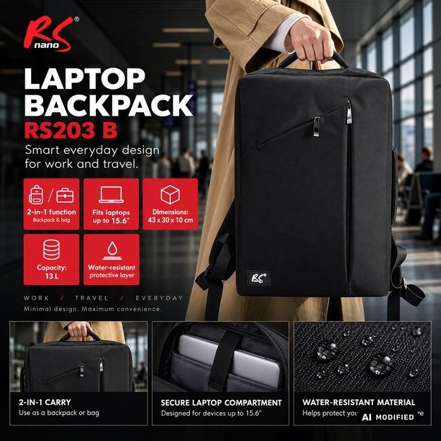 NanoRS Laptop Backpack, 15.6 , black, 43x30x10, waterproof RS203 B