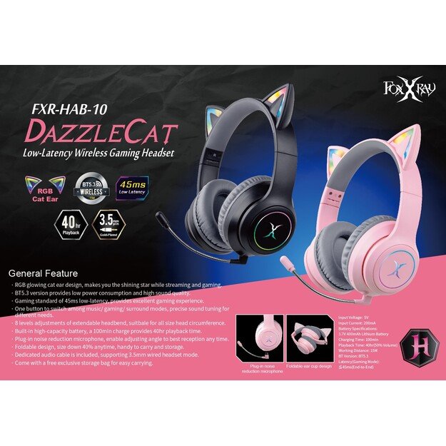 Foxxray FXR-HAB-10 PK DazzleCat Low-Latency Gaming Headset Wireless Grey/Pink