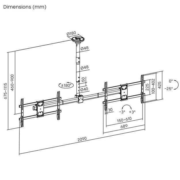 Maclean ceiling mount for two TVs, max load 2x40kg, 34-60 , max VESA 600x400, MC-111 B