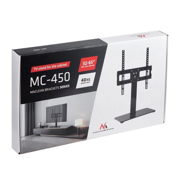 Maclean MC-450 Universal TV Stand for TV Cabinet max. 40kg, max. VESA 400x400 32-65  Tempered Glass Base 3-Level Height