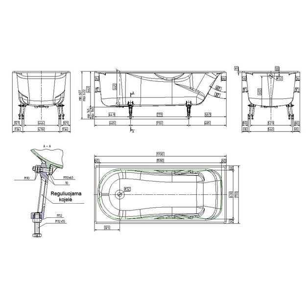 Ketinė vonia su rankenom ir kojom Comfort 170cm