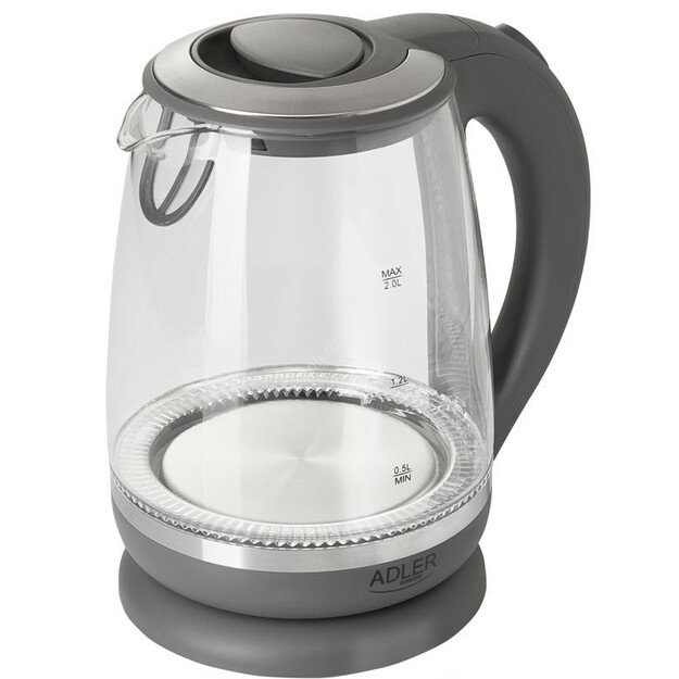 Adler | Kettle | AD 1286 | Standard | 2200 W | 2 L | Plastic/Glass | 360° rotational base | Grey/ transparent