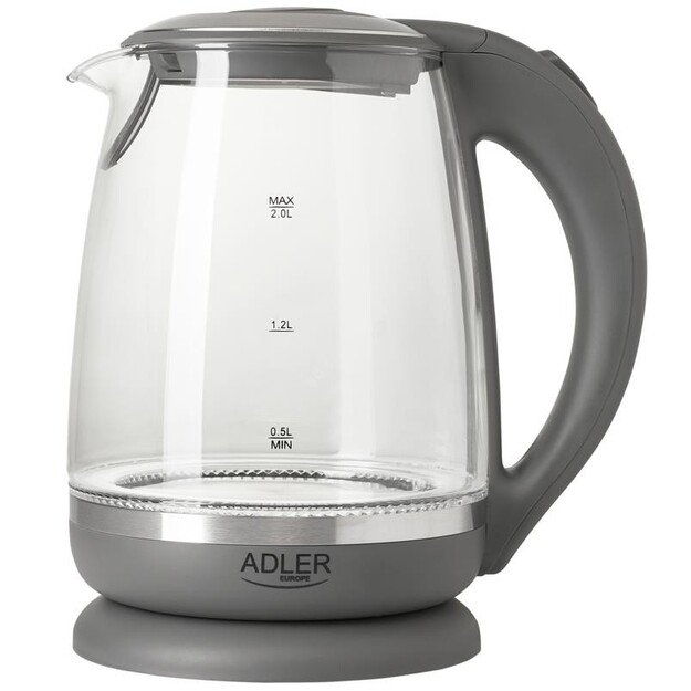 Adler | Kettle | AD 1286 | Standard | 2200 W | 2 L | Plastic/Glass | 360° rotational base | Grey/ transparent