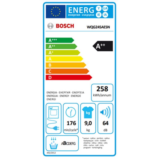 Bosch | Dryer Machine with Heat Pump | WQG245AESN | Energy efficiency class A++ | Front loading | 9 kg | Condensation | LED | De