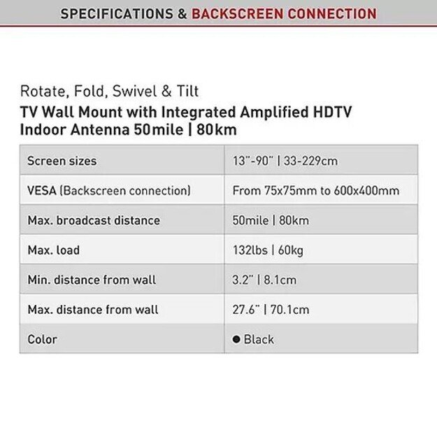 BARKAN VTM464L  13 -90  TV, 4 lankstų, su antena, sieninis, juodas, labai ilgas