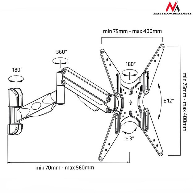 Mount wall for TV Maclean MC-784 (Rotary, Tilting, Wall, 32  - 55 , max. 20kg)