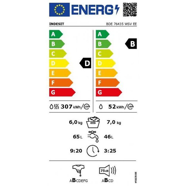 INDESIT | Washing machine with Dryer | BDE 76435 WSV EE | Energy efficiency class B