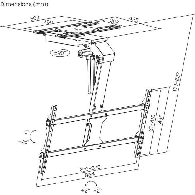 Maclean electric TV mount, ceiling mount, Tuya support, max. VESA 800x400, reg. in pos. +90&deg;~-90&deg;, for TV 43-86 , max. 45kg,