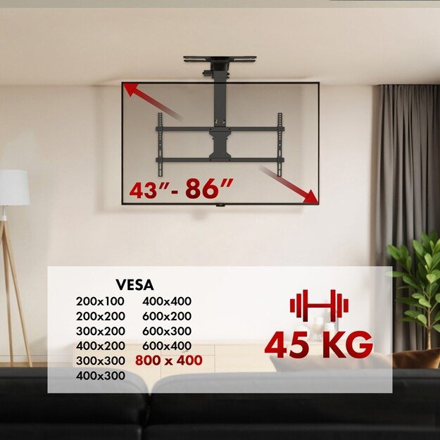 Maclean electric TV mount, ceiling mount, Tuya support, max. VESA 800x400, reg. in pos. +90&deg;~-90&deg;, for TV 43-86 , max. 45kg,