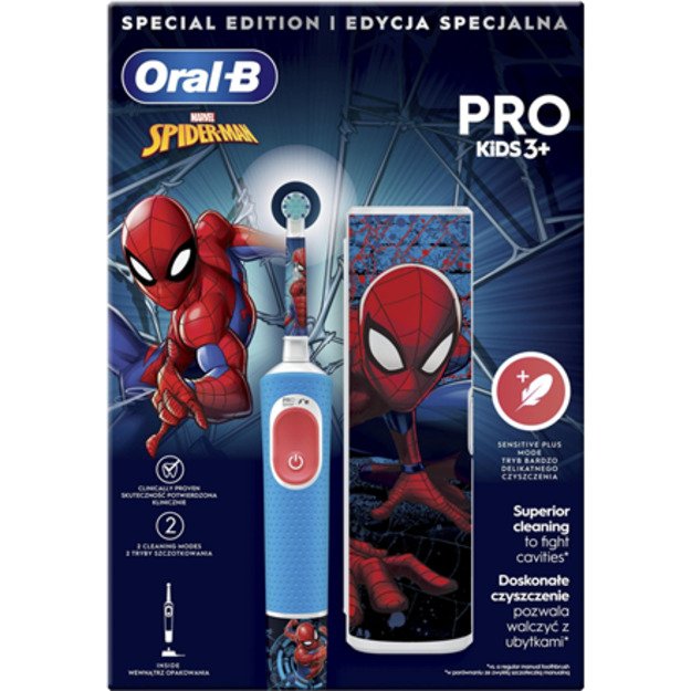 Oral-B | Electric Toothbrush with Travel Case | Vitality PRO Kids Spiderman | Rechargeable | For children | Number of brush head 3