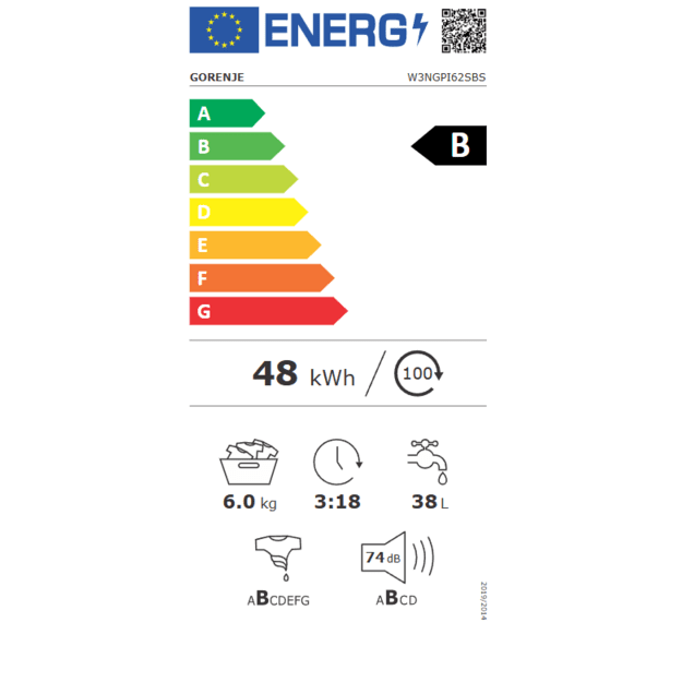 Gorenje Washing Machine | W3NGPI62SBS | Energy efficiency class B | Front loading | Washing capacity 6 kg | 1200 RPM | Depth 47