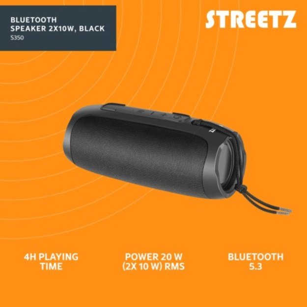 Bluetooth kolonėlė STREETZ, 2x10W, AUX, micro SD lizdas, juoda / S350-BLK / 6612034