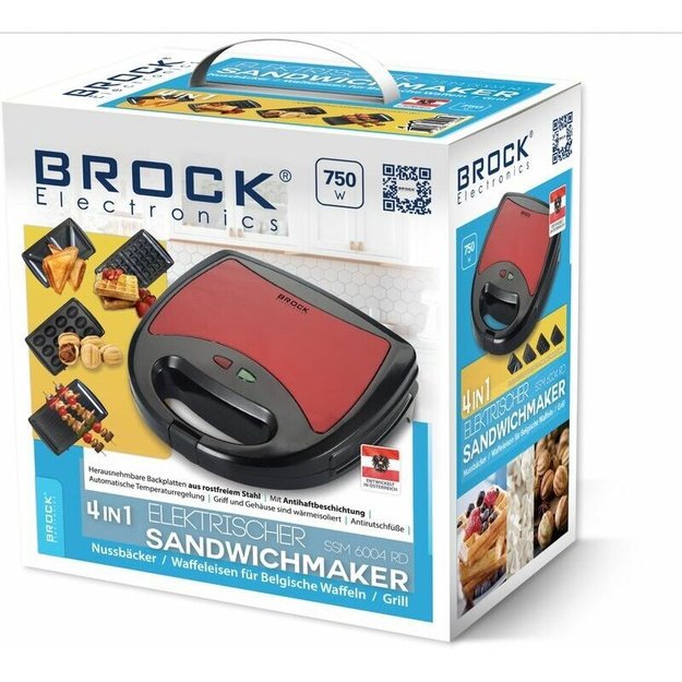 Brock SSM 6004 RD 4 in 1 Sandwich/Nutlet/WaffleMaker And Grill 750 W, Red