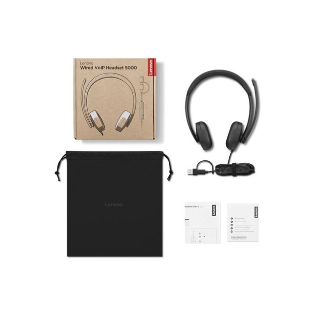 Lenovo VoIP 5000 Wired Headset w/ Mic, USB A/C, Bl