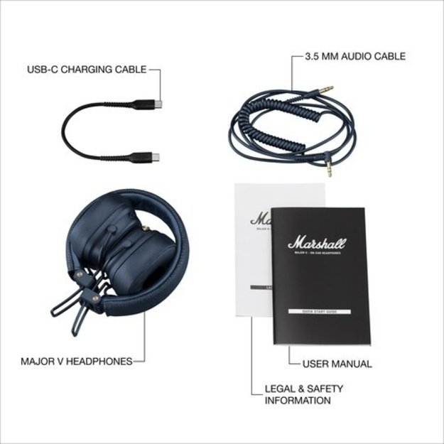 Marshall Major V Belaidės ausinės, Bluetooth, Midnight Blue