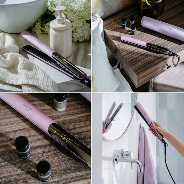 Adler AD 2329 Hair Straightener, Ceramic Coated Plates, LCD Display, 6 Temp Settings, Travel Case + Heat Glove, Purple