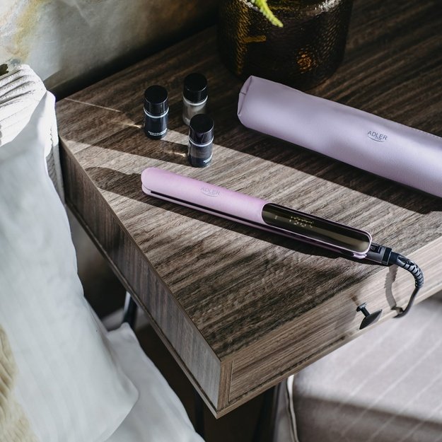 Adler AD 2329 Hair Straightener, Ceramic Coated Plates, LCD Display, 6 Temp Settings, Travel Case + Heat Glove, Purple