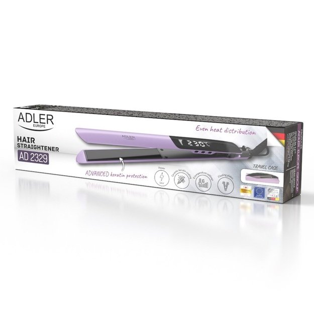 Adler AD 2329 Hair Straightener, Ceramic Coated Plates, LCD Display, 6 Temp Settings, Travel Case + Heat Glove, Purple