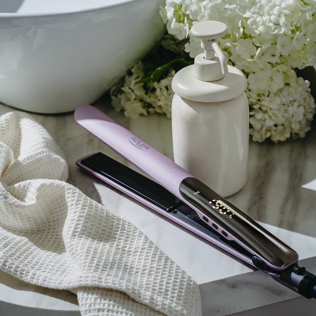 Adler AD 2329 Hair Straightener, Ceramic Coated Plates, LCD Display, 6 Temp Settings, Travel Case + Heat Glove, Purple