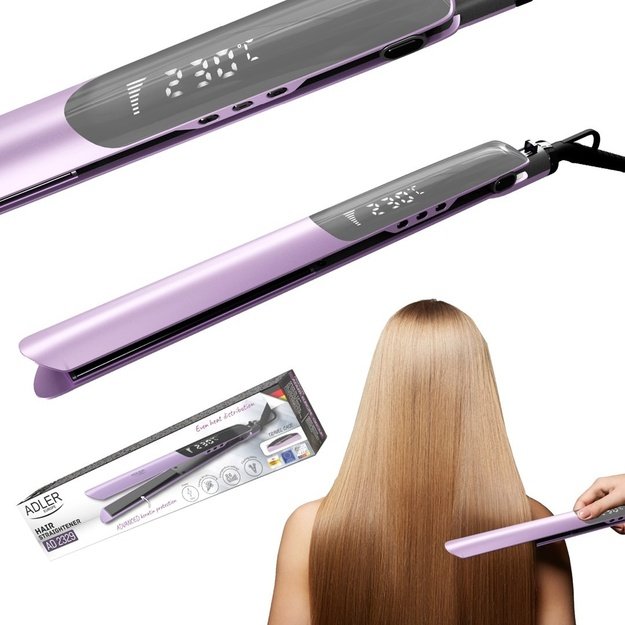 Adler AD 2329 Hair Straightener, Ceramic Coated Plates, LCD Display, 6 Temp Settings, Travel Case + Heat Glove, Purple