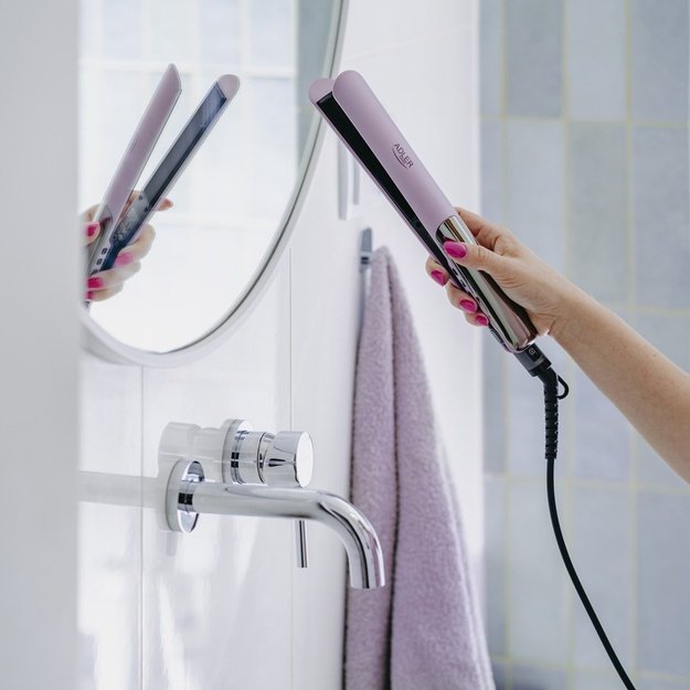 Adler AD 2329 Hair Straightener, Ceramic Coated Plates, LCD Display, 6 Temp Settings, Travel Case + Heat Glove, Purple