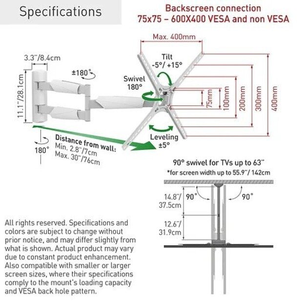 BARKAN BM343XLW 13-65  TV, 4 lankstų, sieninis, prailgintas, baltas 2